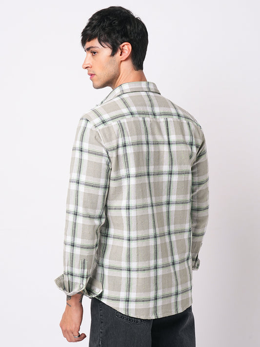 Premium Cotton Burlap Grey & Navy Plaid Checks Textured Shirt