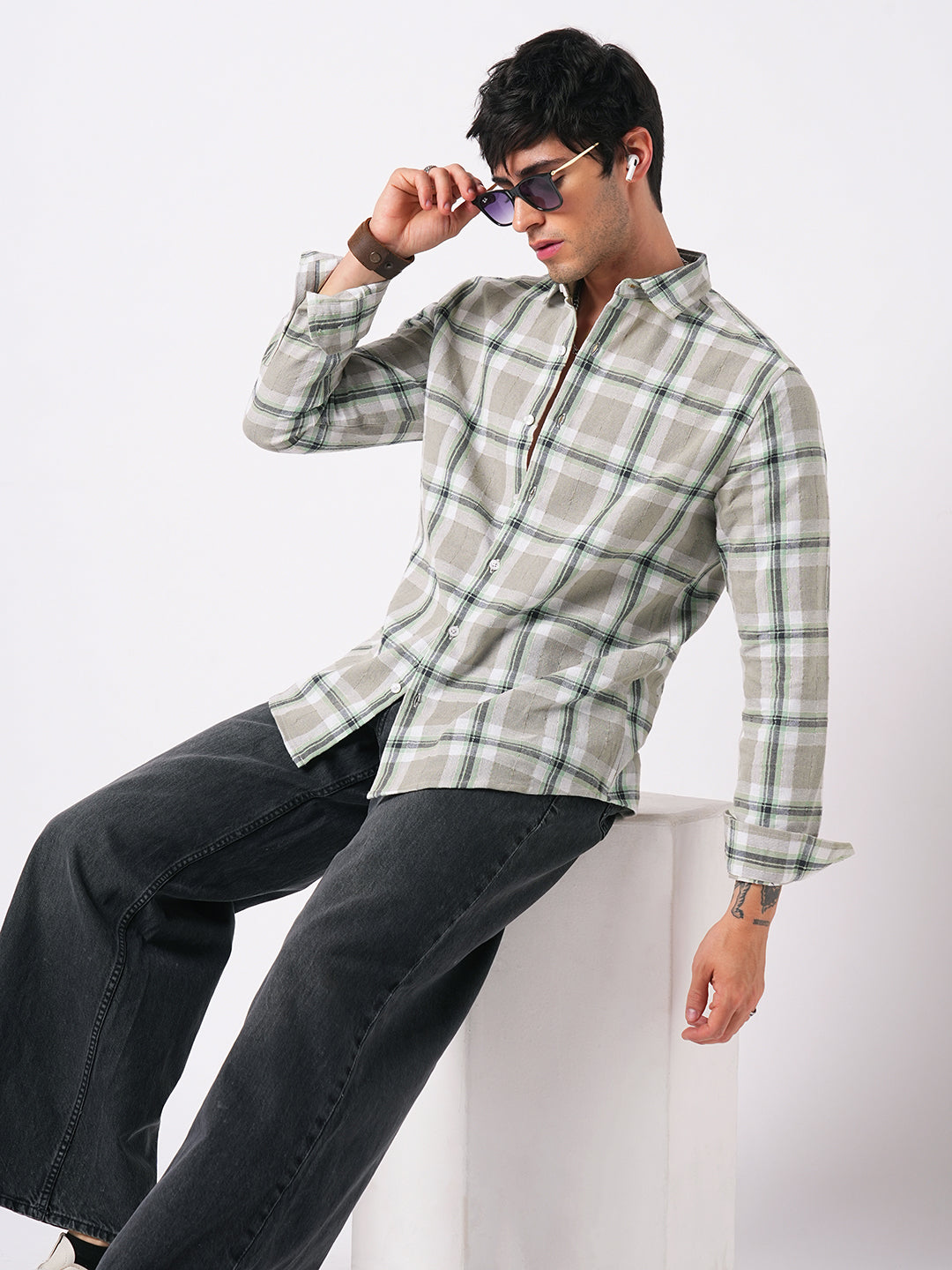 Premium Cotton Burlap Grey & Navy Plaid Checks Textured Shirt