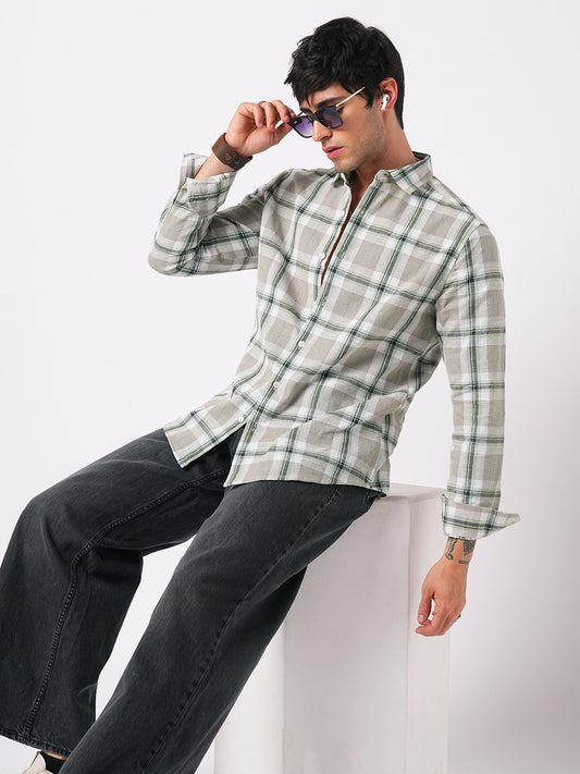 Premium Cotton Burlap Grey & Navy Plaid Checks Textured Shirt