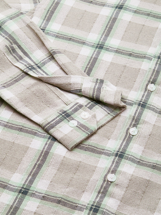 Premium Cotton Burlap Grey & Navy Plaid Checks Textured Shirt