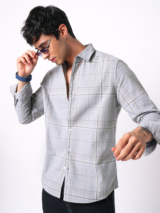 Spiffy Grey Windowpane Checks Textured Shirt