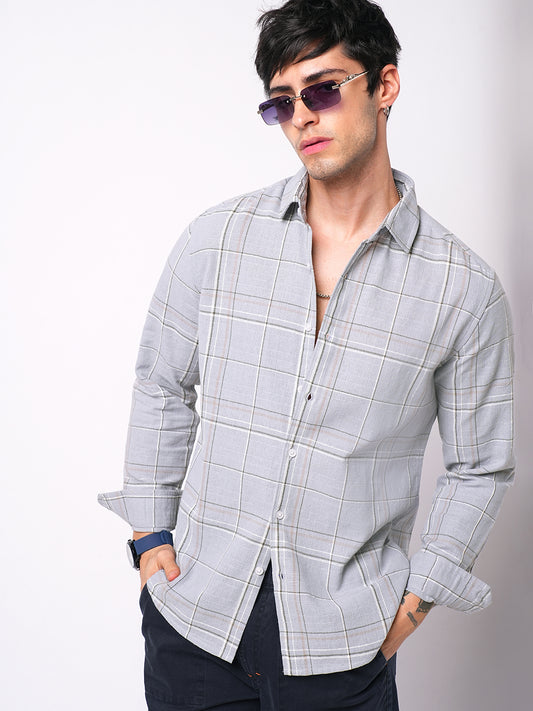 Spiffy Grey Windowpane Checks Textured Shirt