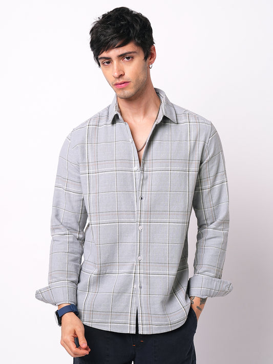 Spiffy Grey Windowpane Checks Textured Shirt