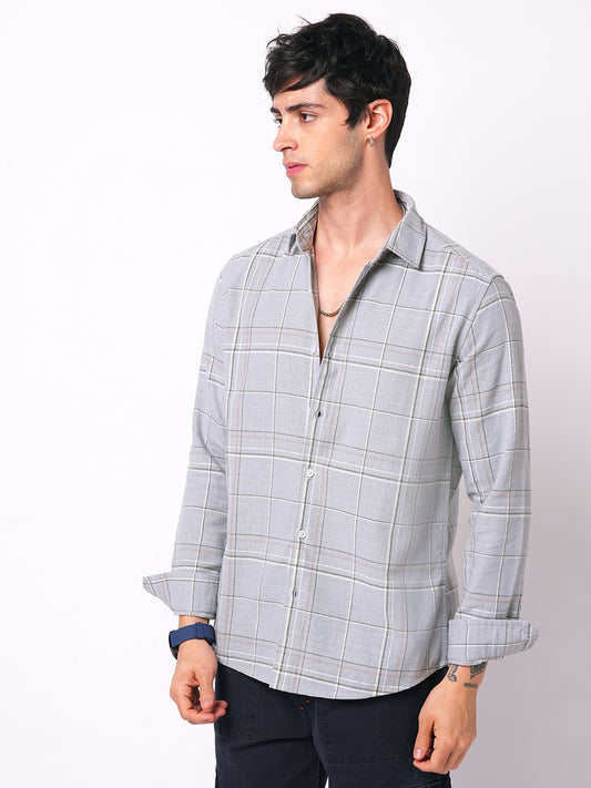 Spiffy Grey Windowpane Checks Textured Shirt