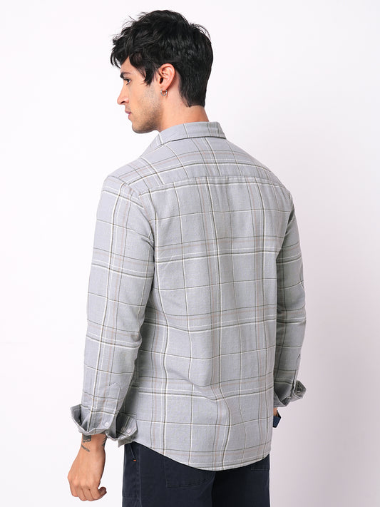 Spiffy Grey Windowpane Checks Textured Shirt