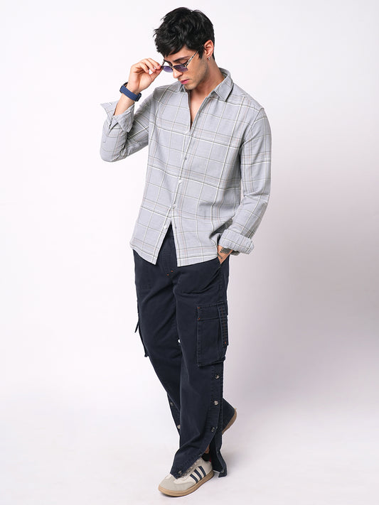 Spiffy Grey Windowpane Checks Textured Shirt