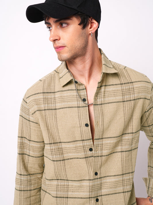 Camel Beige Plaid Checks Textured Shirt