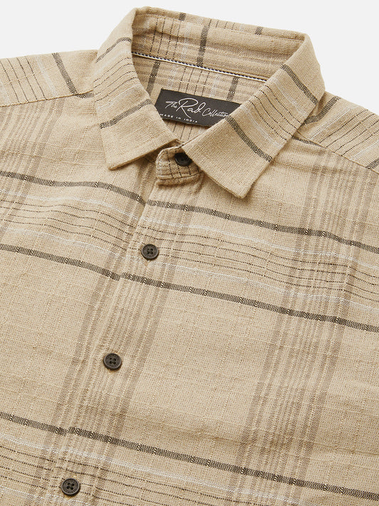 Camel Beige Plaid Checks Textured Shirt