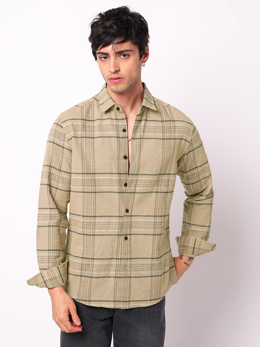 Camel Beige Plaid Checks Textured Shirt