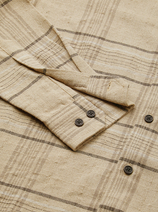Camel Beige Plaid Checks Textured Shirt