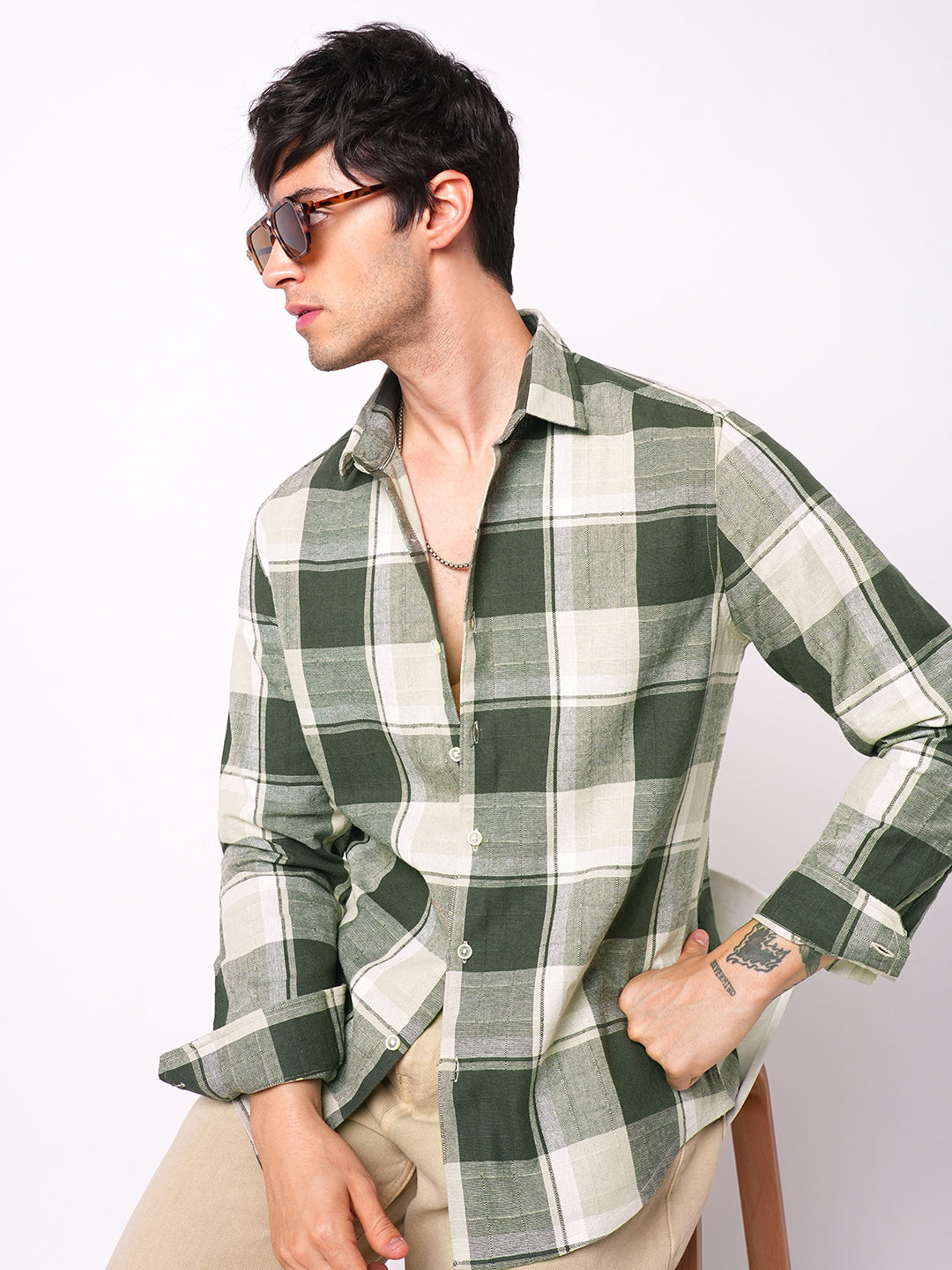 Premium Cotton Dark Army Green Windowpane Checks Textured Shirt