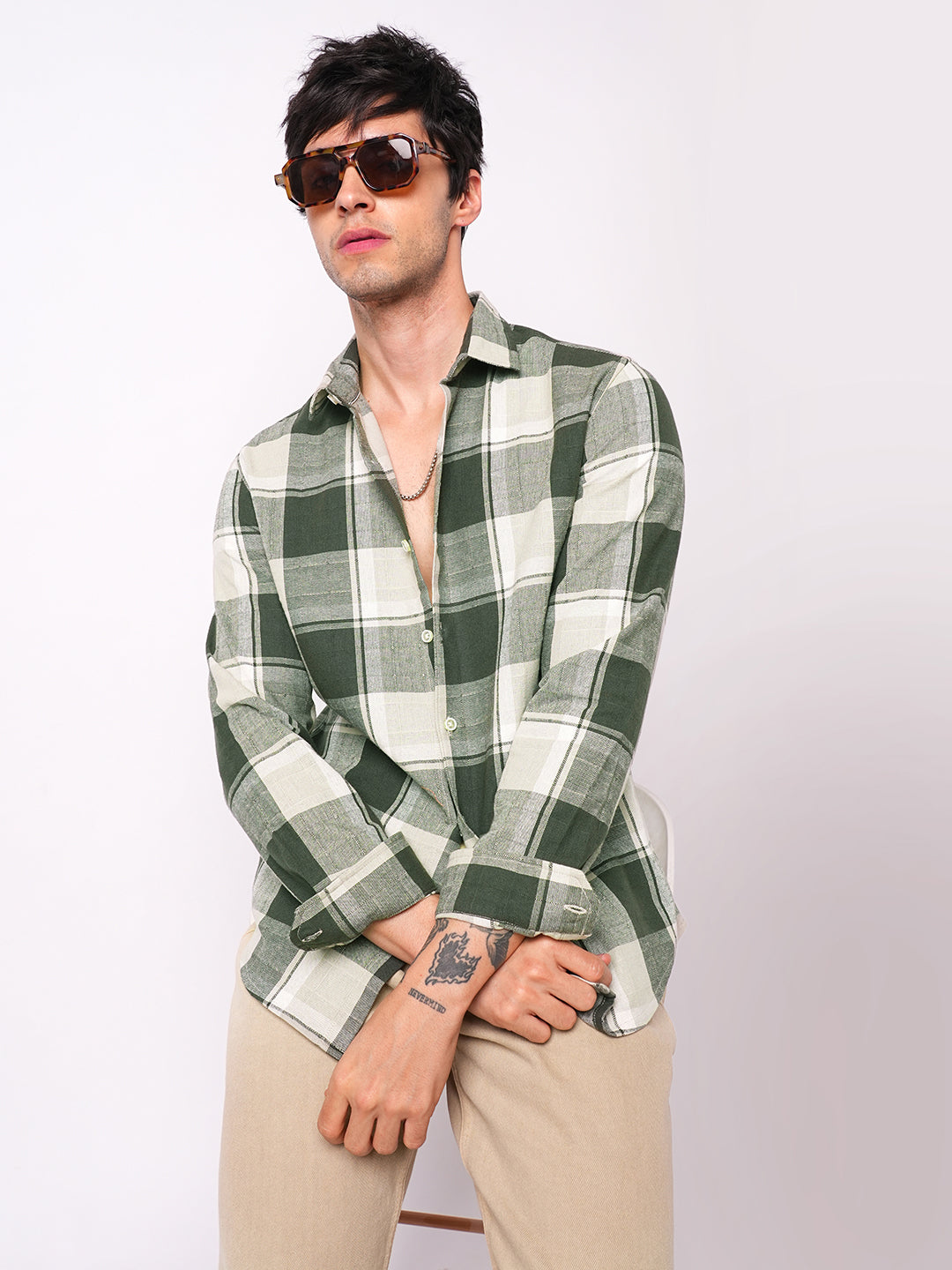 Premium Cotton Dark Army Green Windowpane Checks Textured Shirt