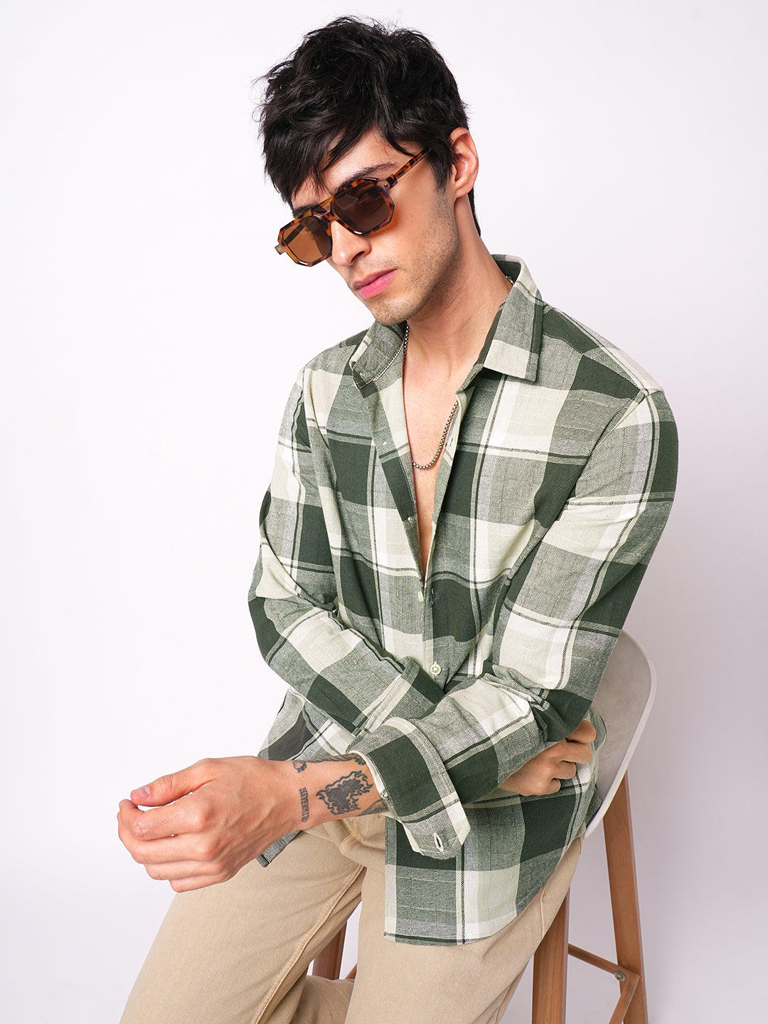 Premium Cotton Dark Army Green Windowpane Checks Textured Shirt