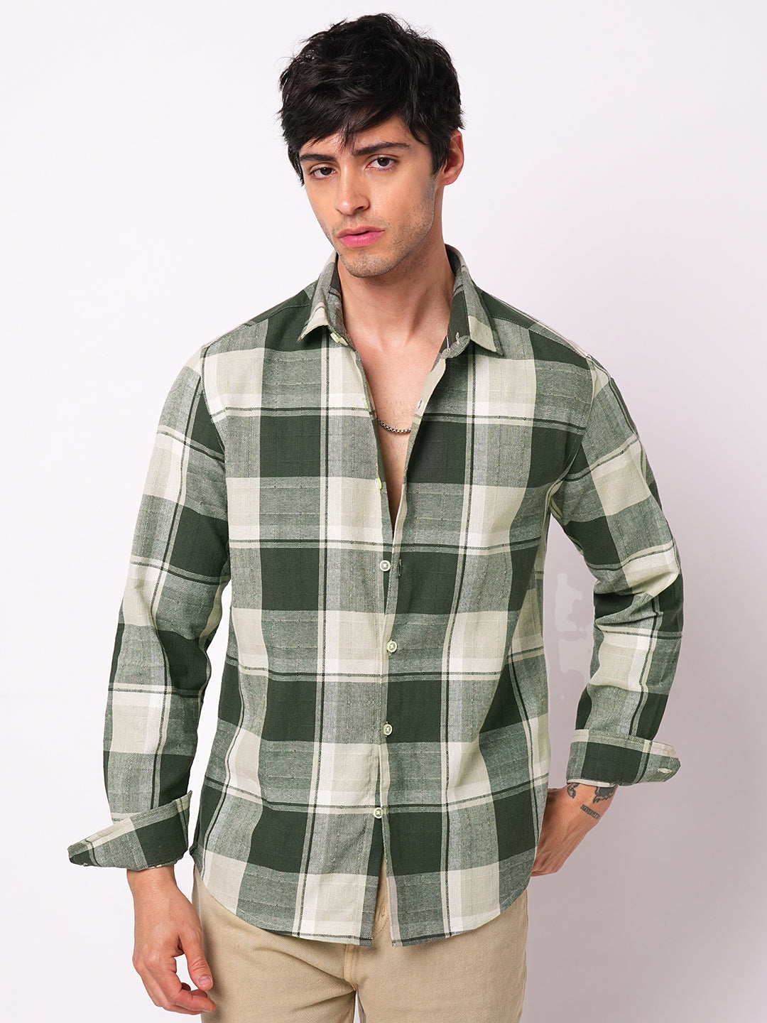 Premium Cotton Dark Army Green Windowpane Checks Textured Shirt