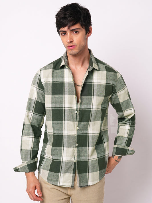 Premium Cotton Dark Army Green Windowpane Checks Textured Shirt