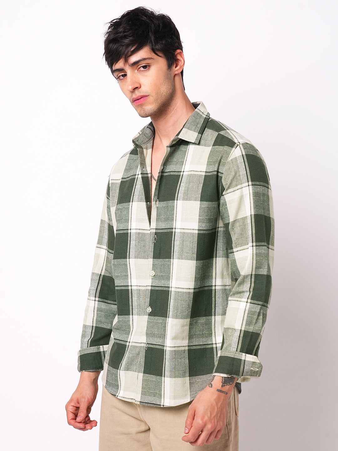 Premium Cotton Dark Army Green Windowpane Checks Textured Shirt