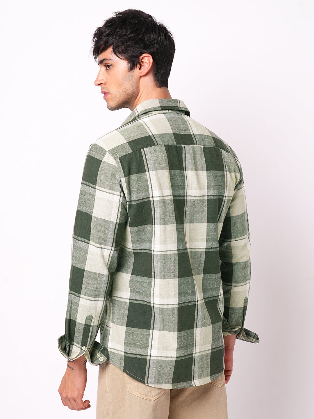 Premium Cotton Dark Army Green Windowpane Checks Textured Shirt