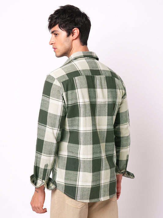 Premium Cotton Dark Army Green Windowpane Checks Textured Shirt