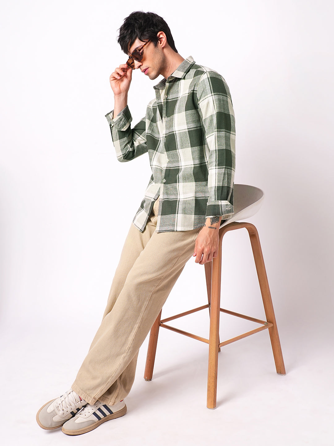 Premium Cotton Dark Army Green Windowpane Checks Textured Shirt