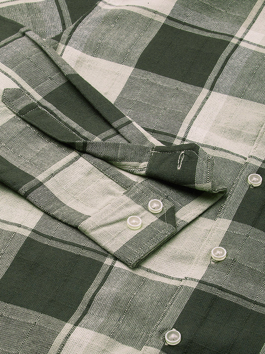 Premium Cotton Dark Army Green Windowpane Checks Textured Shirt