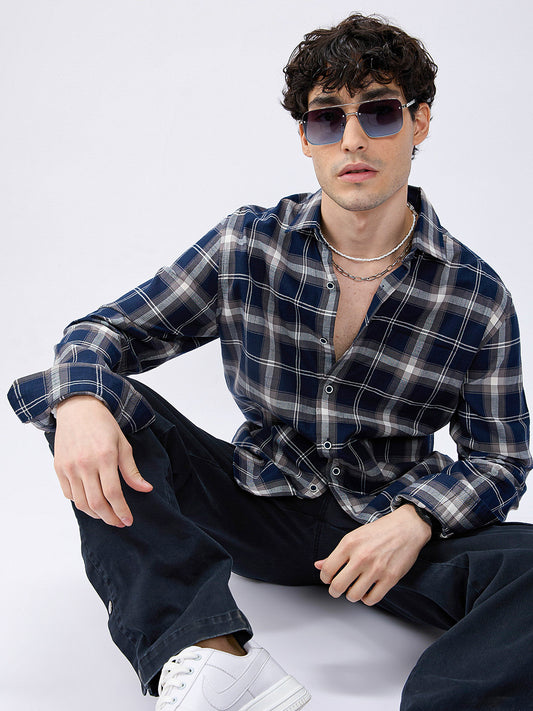 Modish Navy & Grey Tartanique Checkered Shirt
