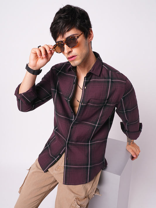 Premium Cotton Sumptuous Wine Windowpane Checks Textured Shirt