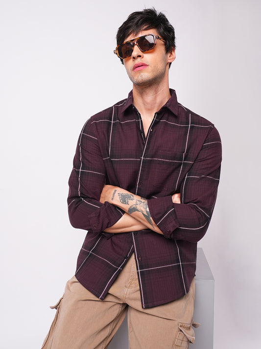 Premium Cotton Sumptuous Wine Windowpane Checks Textured Shirt