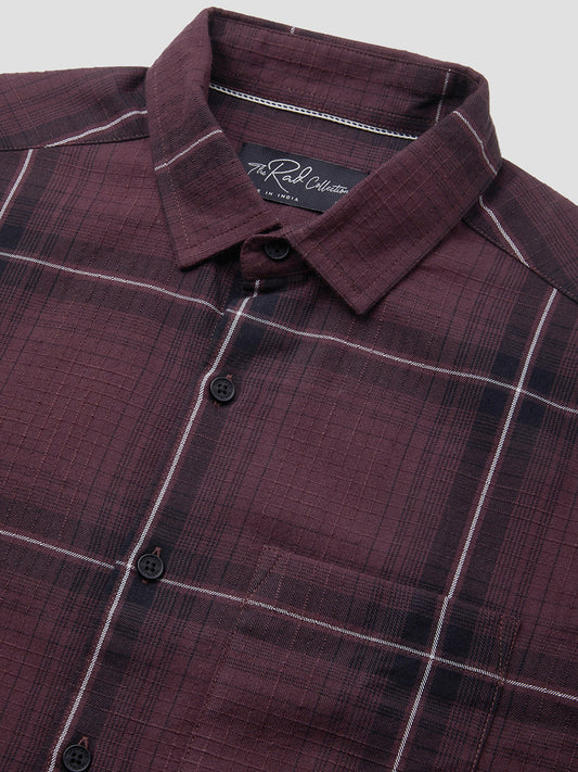 Premium Cotton Sumptuous Wine Windowpane Checks Textured Shirt