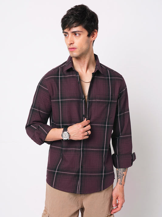 Premium Cotton Sumptuous Wine Windowpane Checks Textured Shirt