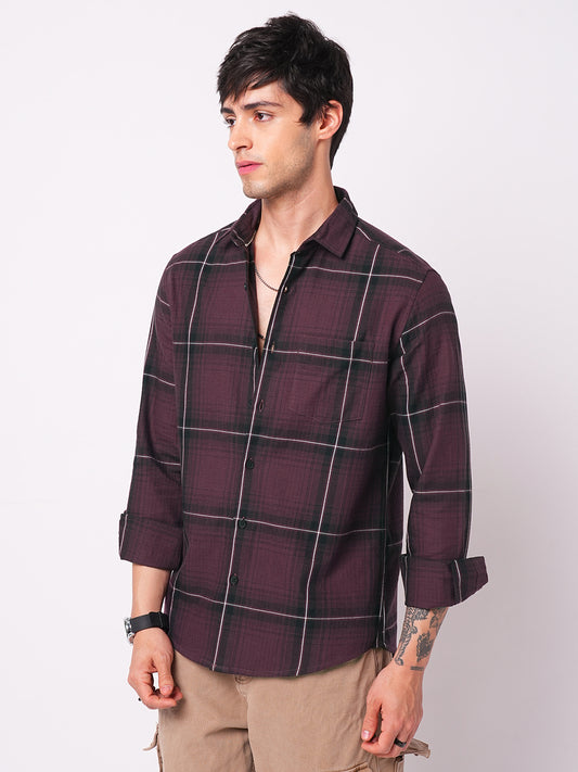 Premium Cotton Sumptuous Wine Windowpane Checks Textured Shirt
