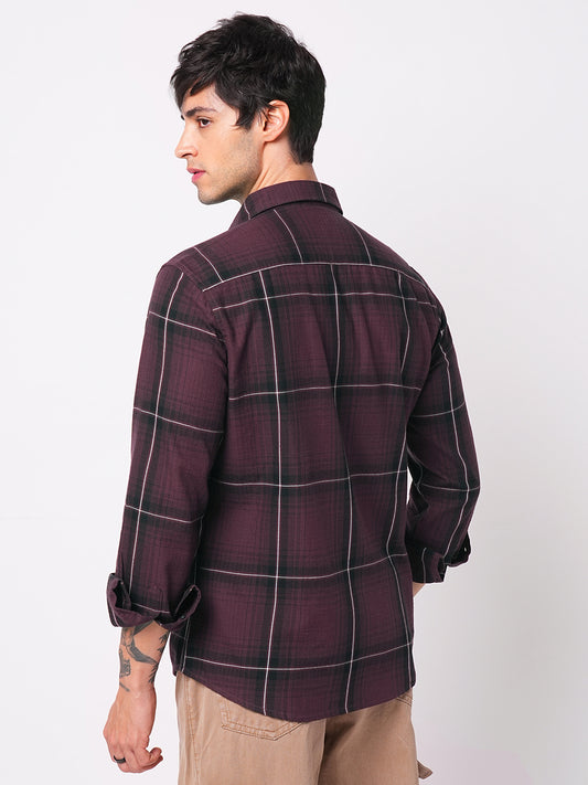 Premium Cotton Sumptuous Wine Windowpane Checks Textured Shirt