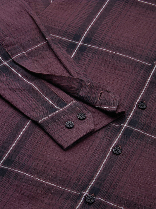Premium Cotton Sumptuous Wine Windowpane Checks Textured Shirt