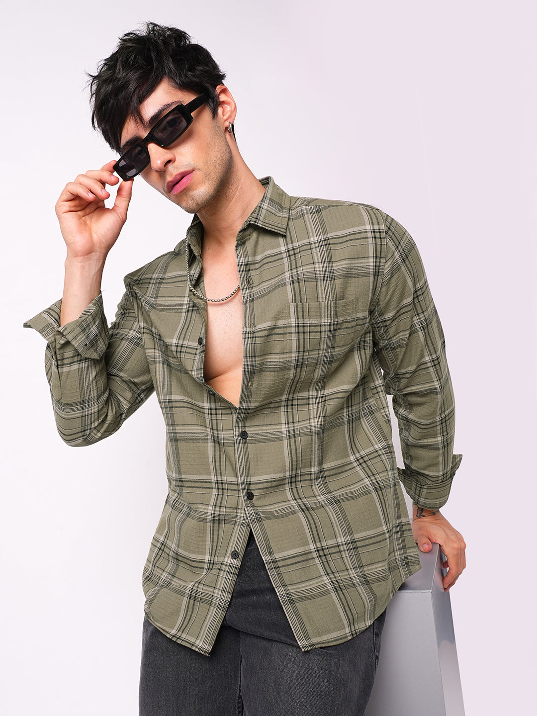 Premium Cotton Spiffy Olive & Black Tartan Checks Shirt