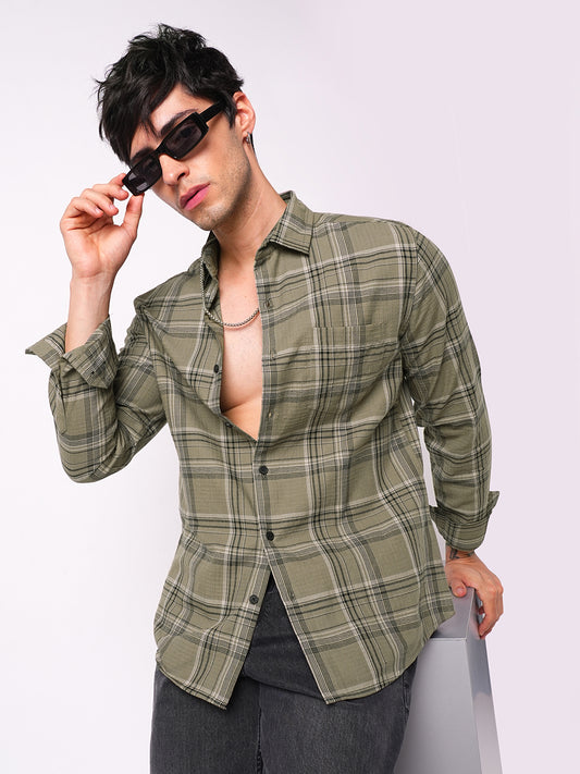 Premium Cotton Spiffy Olive & Black Tartan Checks Shirt