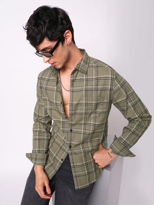 Premium Cotton Spiffy Olive & Black Tartan Checks Shirt