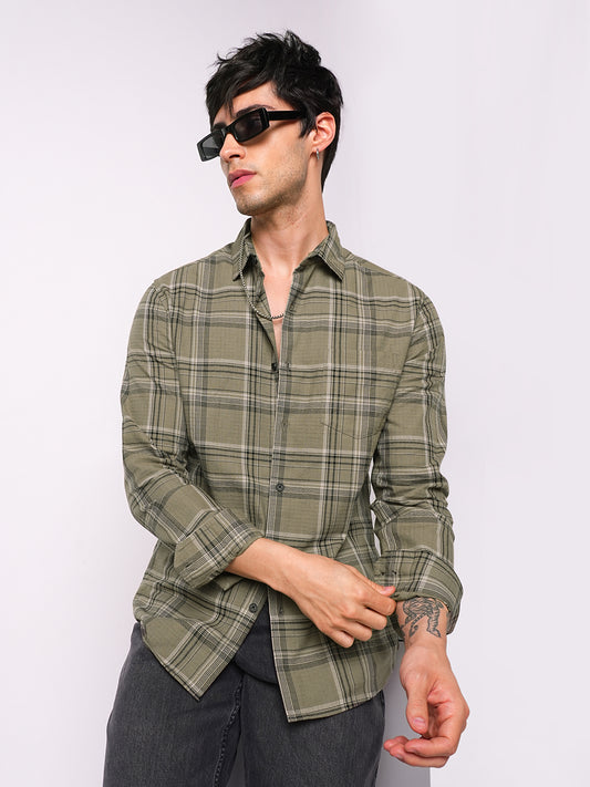 Premium Cotton Spiffy Olive & Black Tartan Checks Shirt
