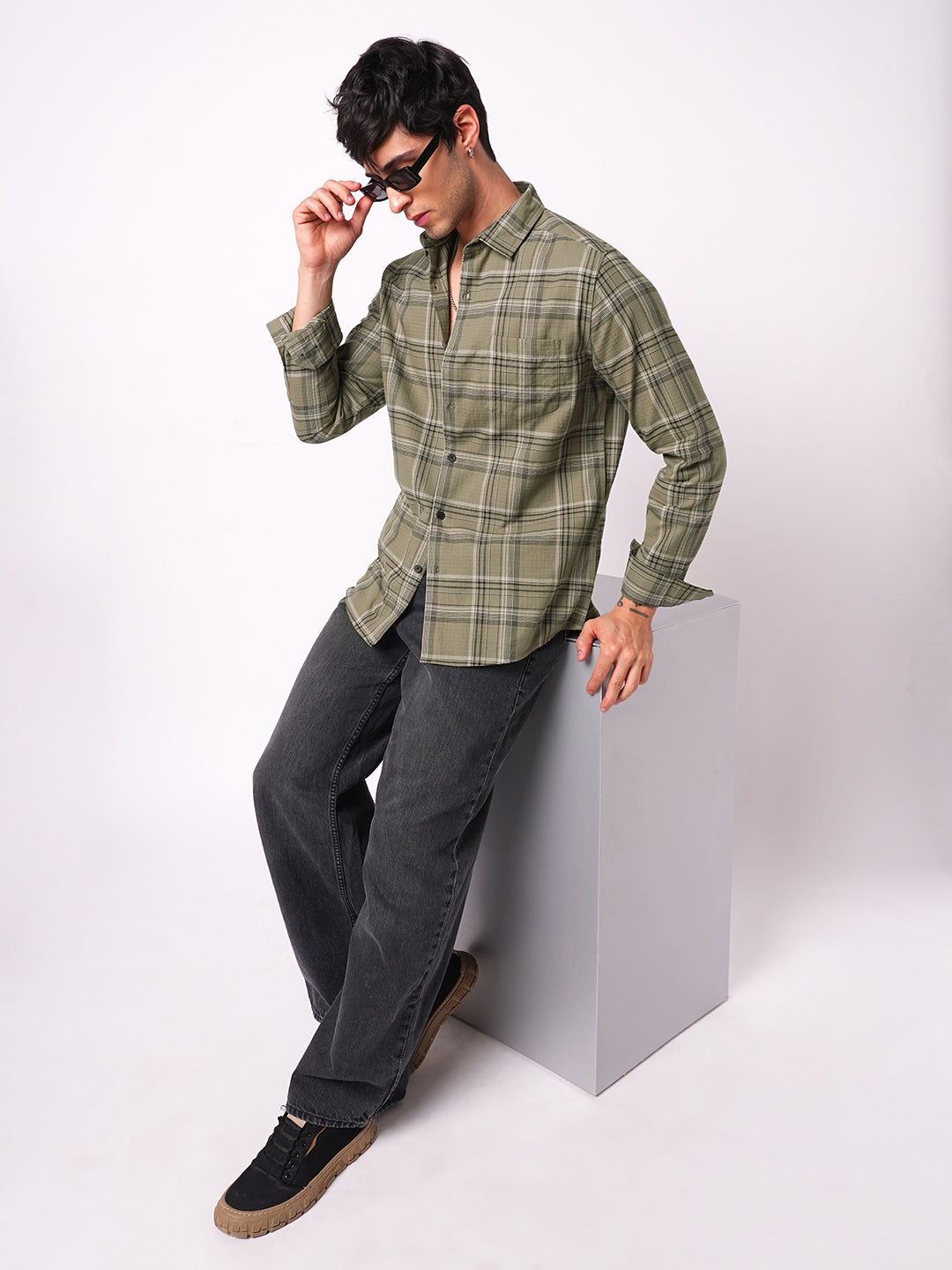 Premium Cotton Spiffy Olive & Black Tartan Checks Shirt