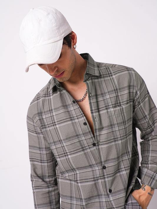 Fossil Grey & Black Tartanique Checkered Textured Shirt