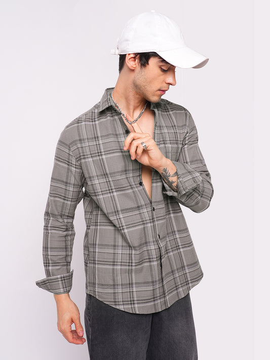 Fossil Grey & Black Tartanique Checkered Textured Shirt