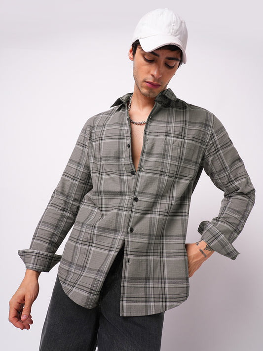 Fossil Grey & Black Tartanique Checkered Textured Shirt