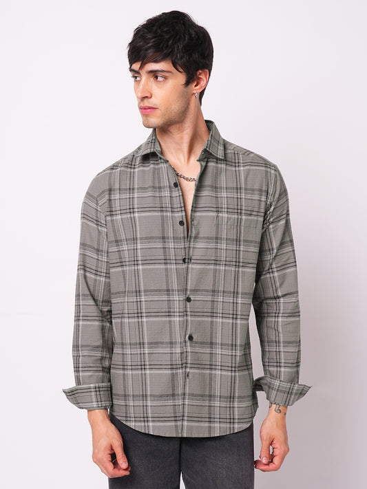 Fossil Grey & Black Tartanique Checkered Textured Shirt