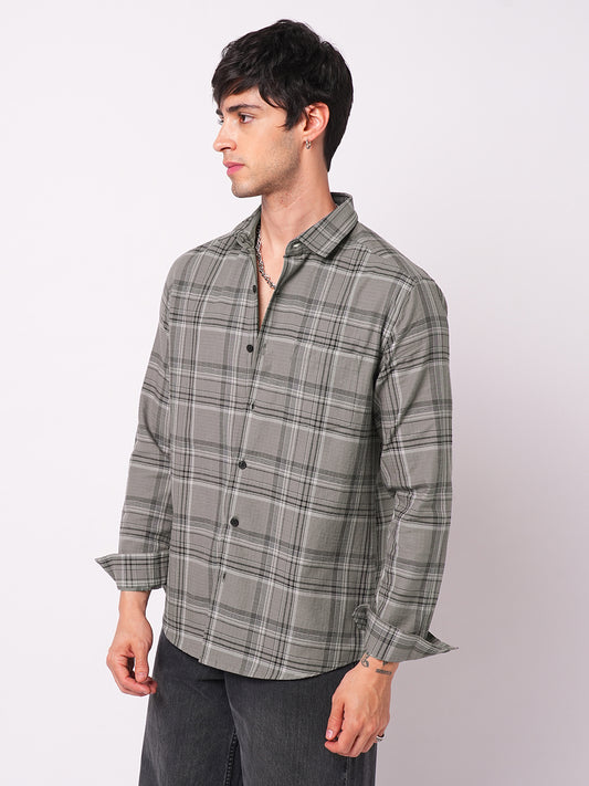 Fossil Grey & Black Tartanique Checkered Textured Shirt