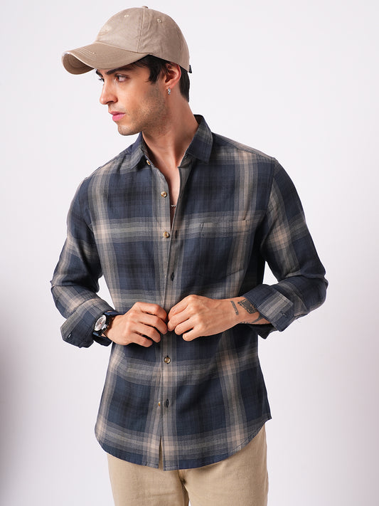 Premium Cotton Spiffy Space Blue Box Checks Textured Shirt