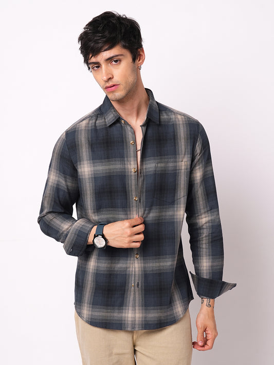 Premium Cotton Spiffy Space Blue Box Checks Textured Shirt