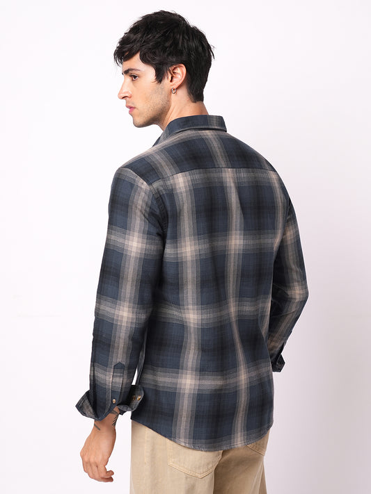 Premium Cotton Spiffy Space Blue Box Checks Textured Shirt