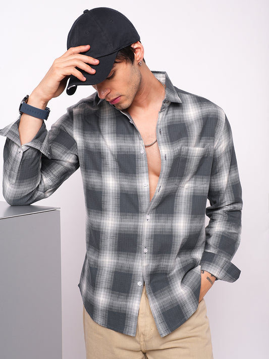 Premium Cotton Grey & White Box Checks Textured Shirt