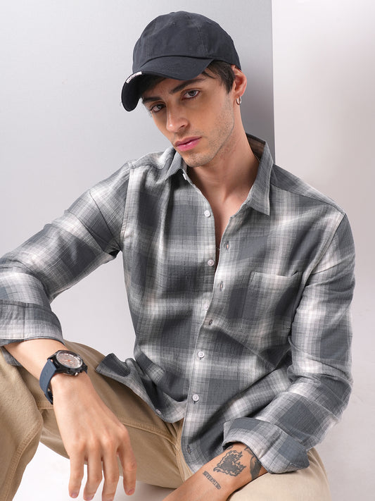Premium Cotton Grey & White Box Checks Textured Shirt