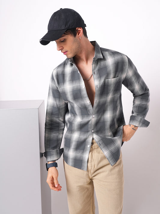 Premium Cotton Grey & White Box Checks Textured Shirt