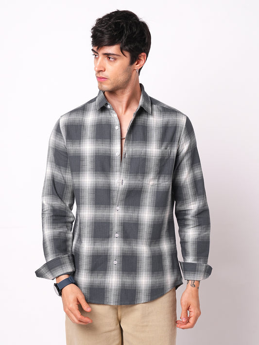 Premium Cotton Grey & White Box Checks Textured Shirt