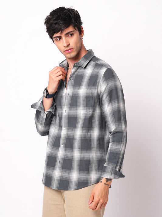 Premium Cotton Grey & White Box Checks Textured Shirt